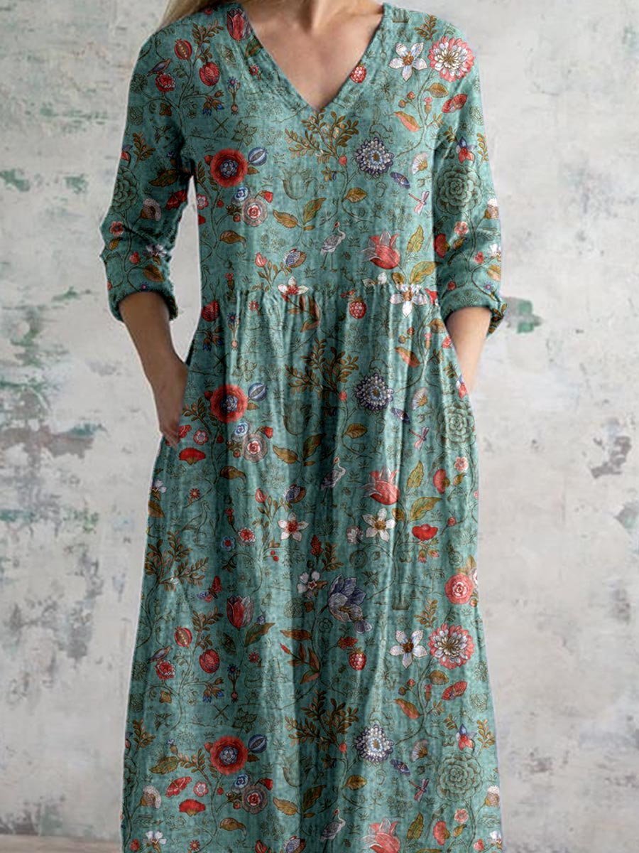 Maxi Dress V-Neck Bohemian Floral Cotton