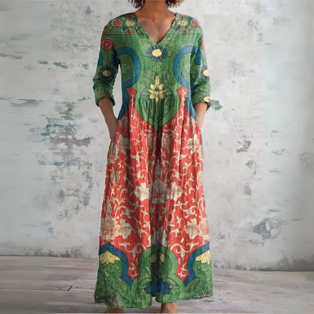 Maxi Dress V-Neck Bohemian Floral Linen