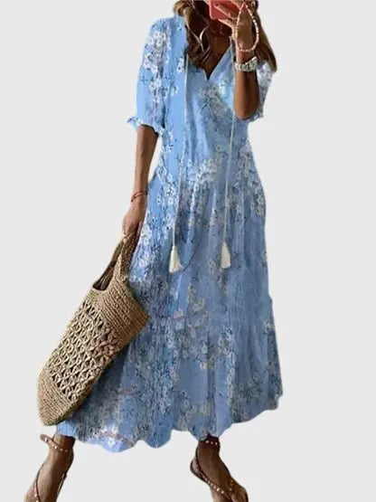 Maxi Dress V-Neck Bohemian Ikat Print Summer - Light Blue