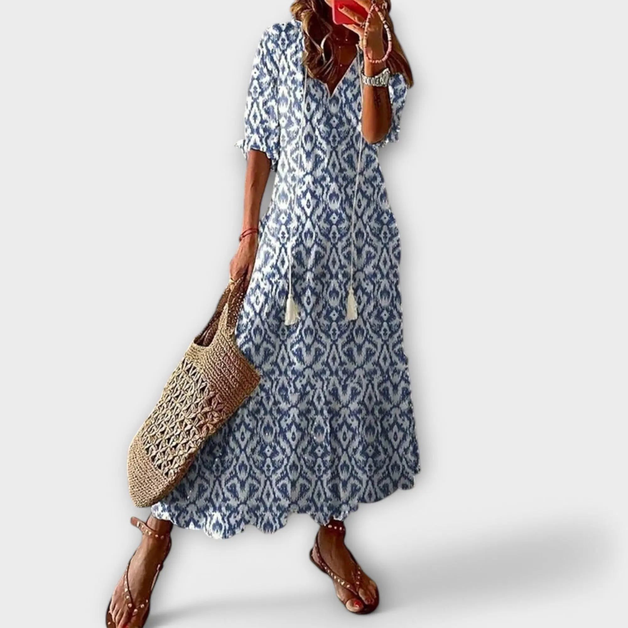 Maxi Dress V-Neck Bohemian Lightweight Tassel Tie - Sky Blue