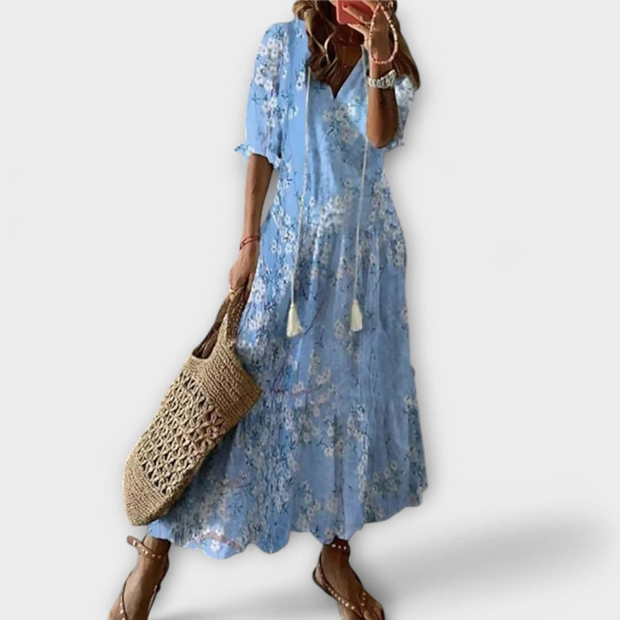 Maxi Dress V-Neck Bohemian Lightweight Tassel Tie - Light Blue