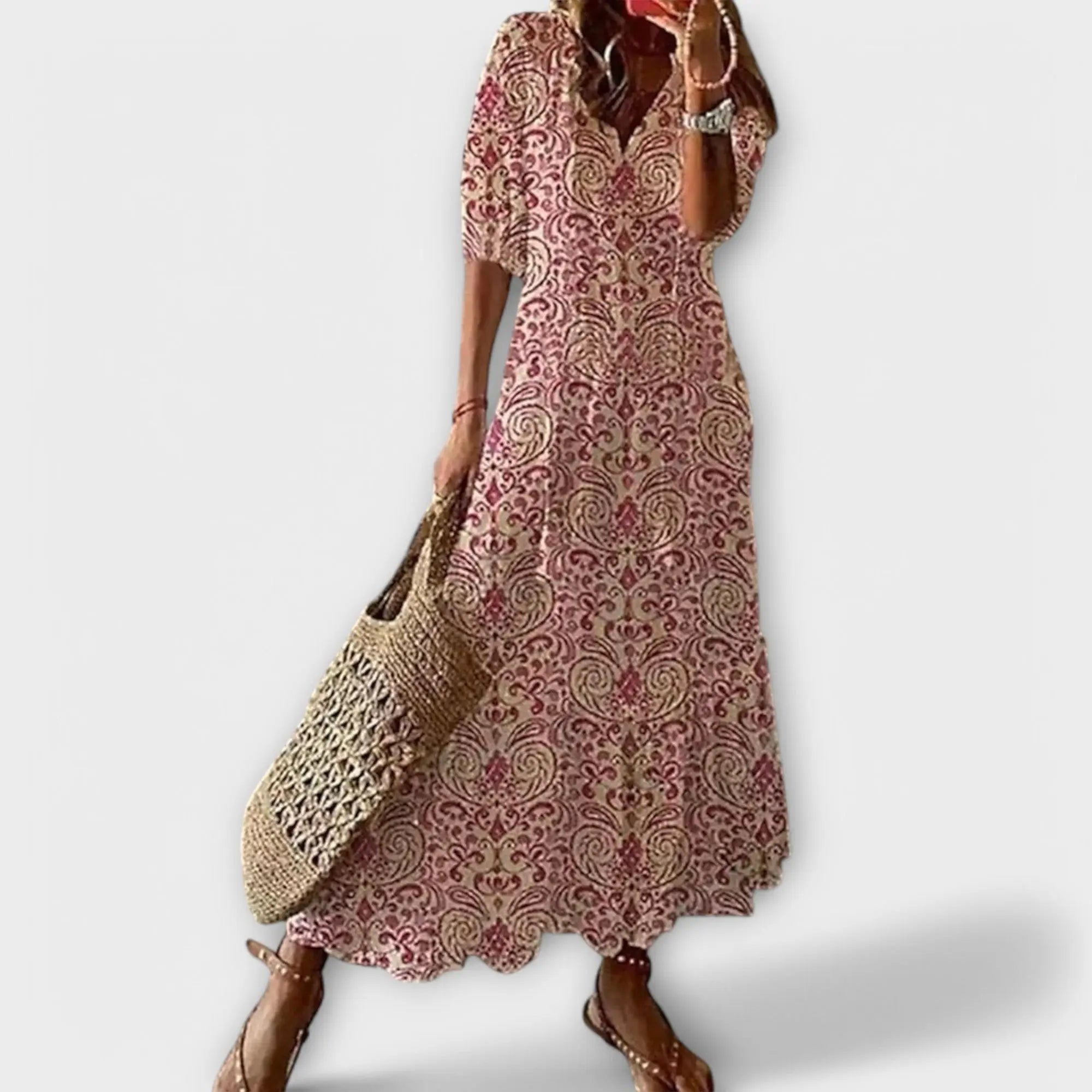 Maxi Dress V-Neck Bohemian Lightweight Tassel Tie - Pink