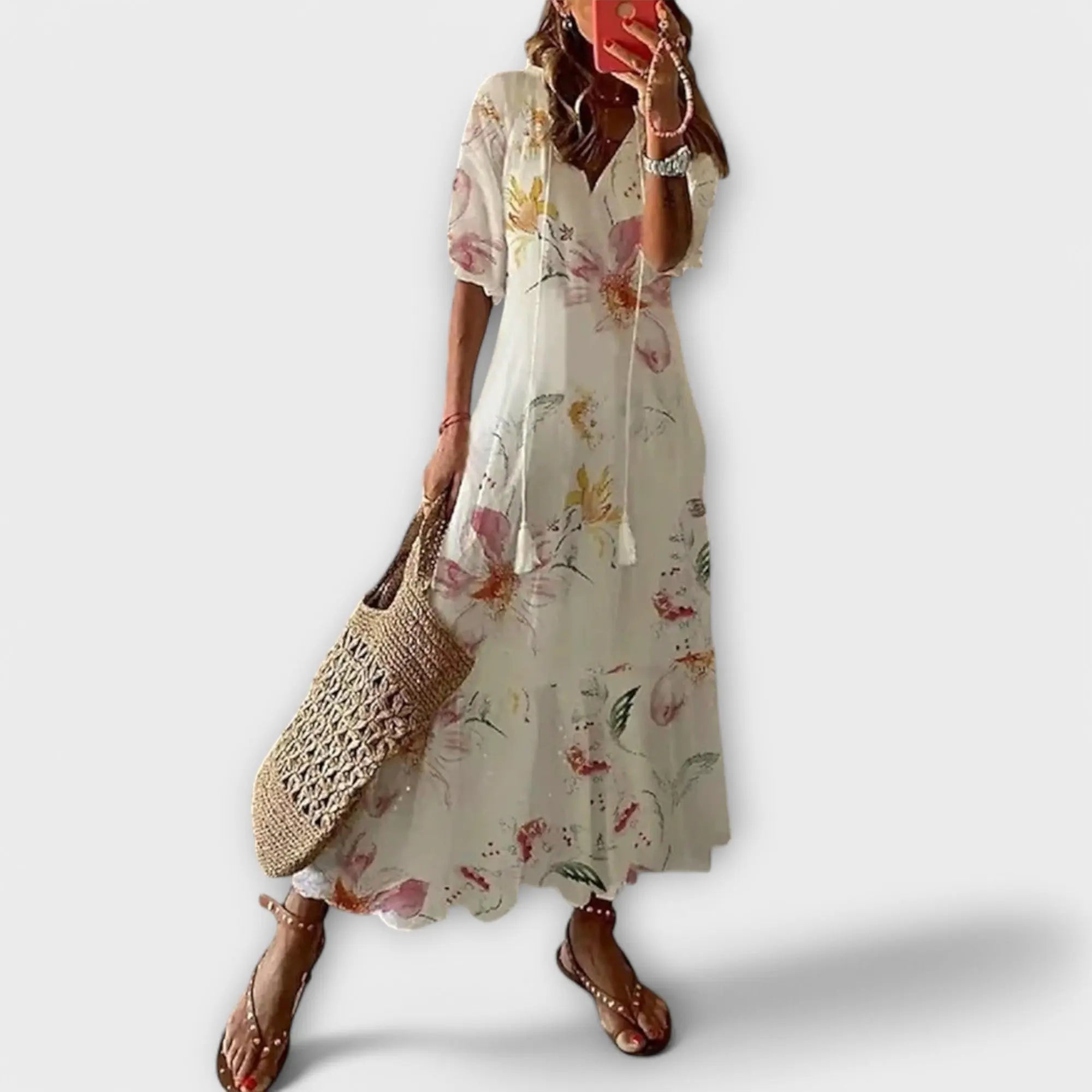 Maxi Dress V-Neck Bohemian Lightweight Tassel Tie - Beige