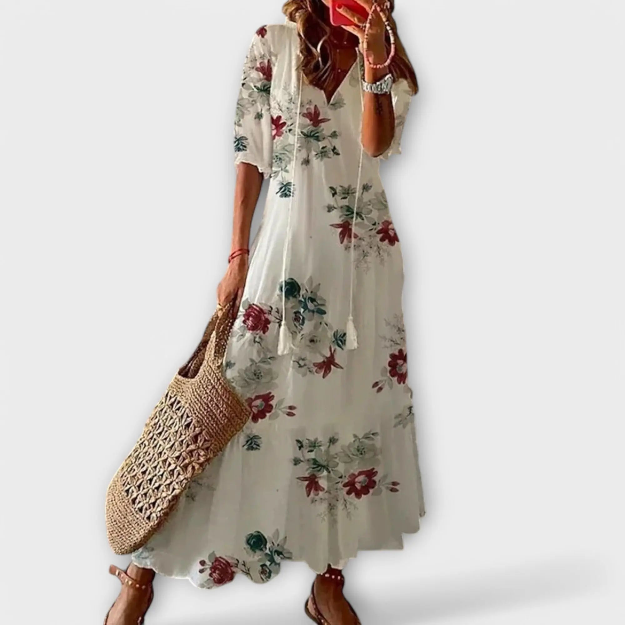 Maxi Dress V-Neck Bohemian Lightweight Tassel Tie - White