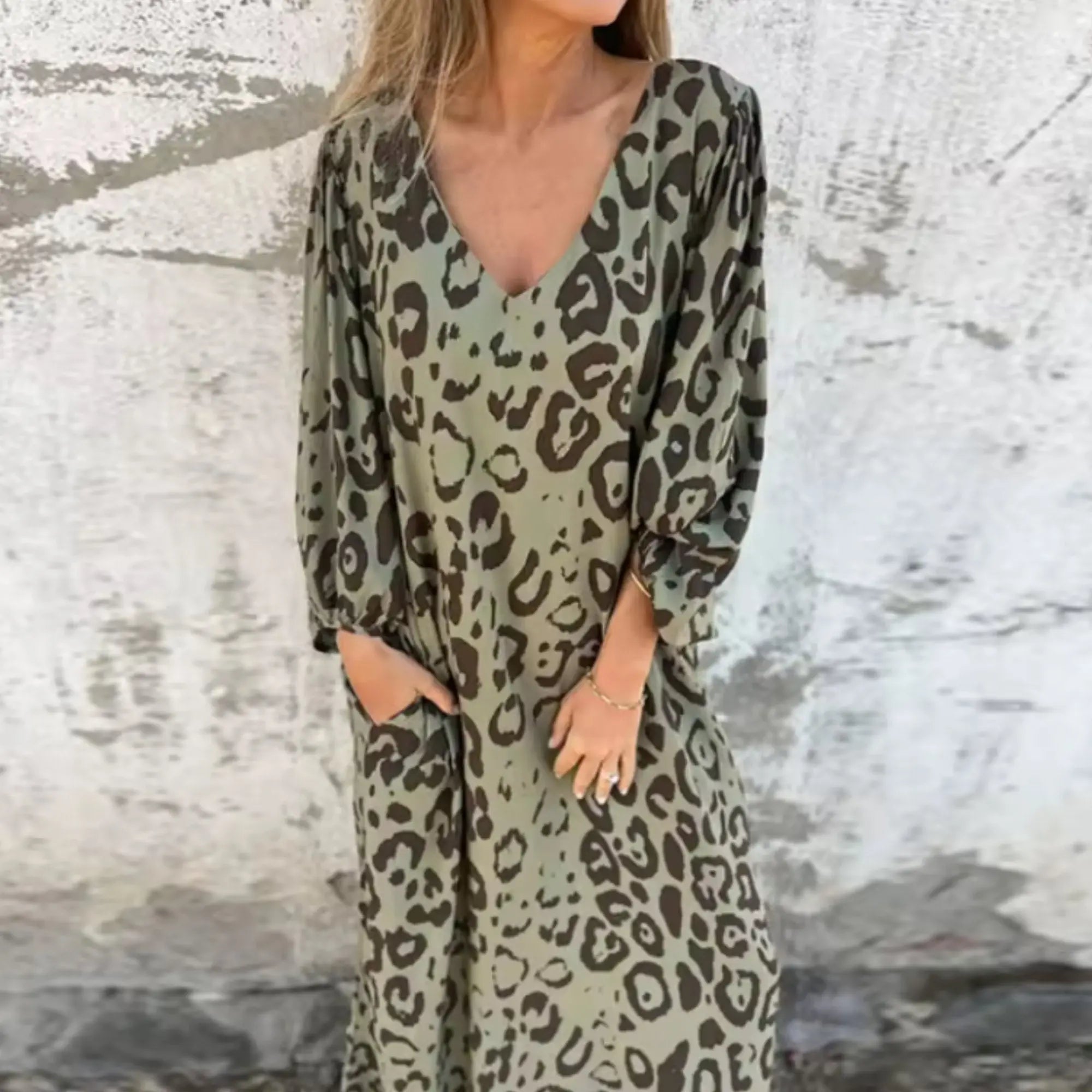 Maxi Dress V-Neck Leopard Print Long Sleeve - Khaki