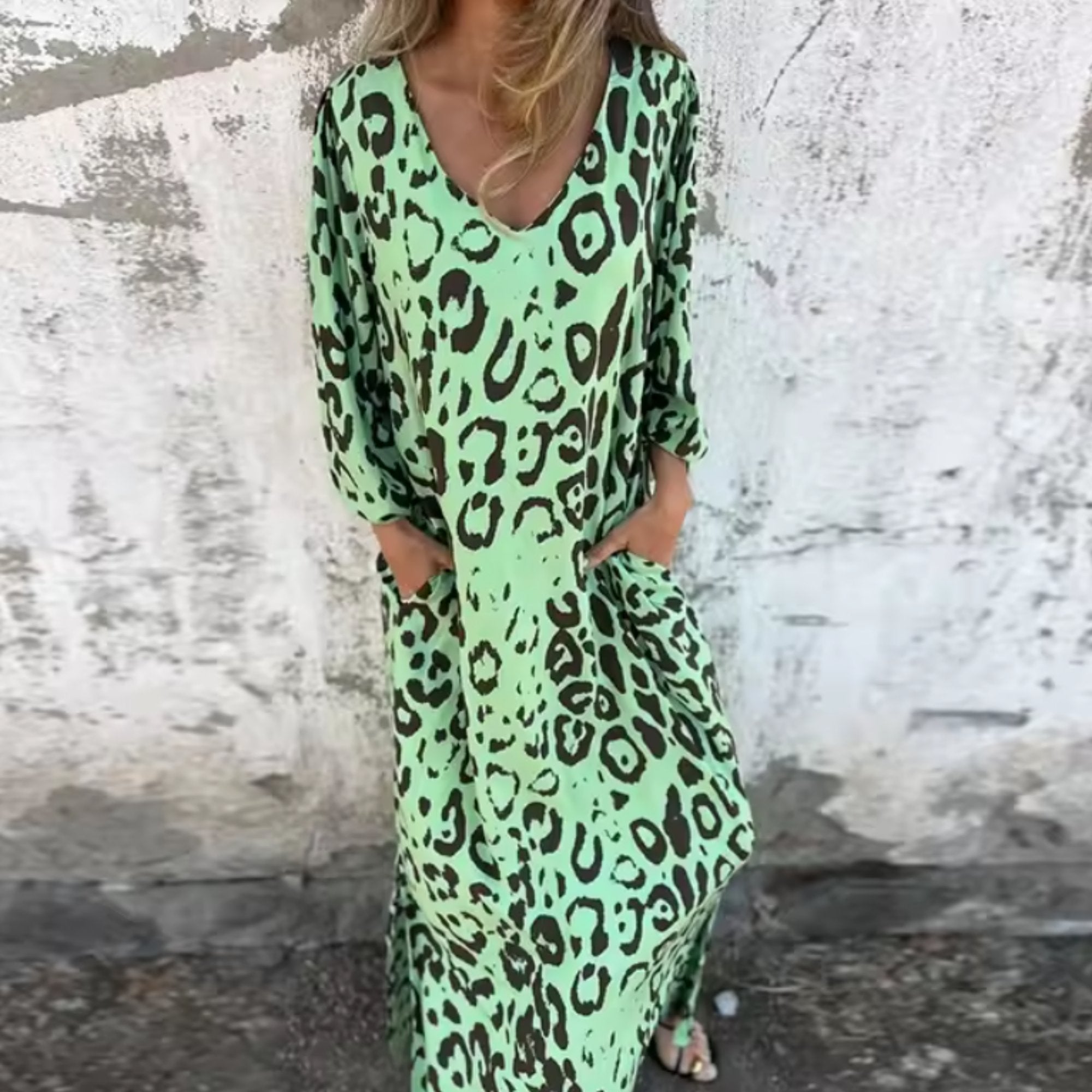 Maxi Dress V-Neck Leopard Print Long Sleeve - Green