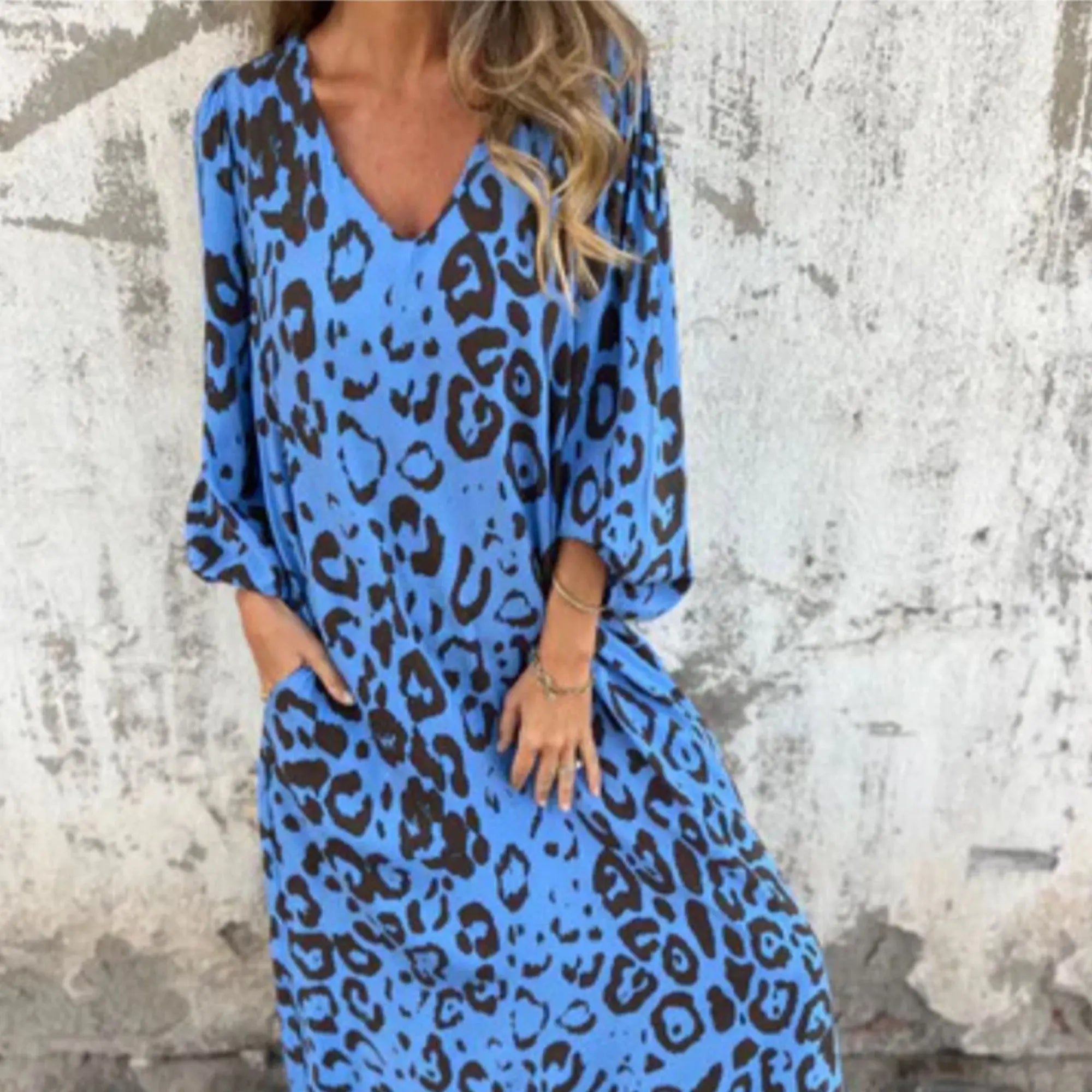 Maxi Dress V-Neck Leopard Print Long Sleeve