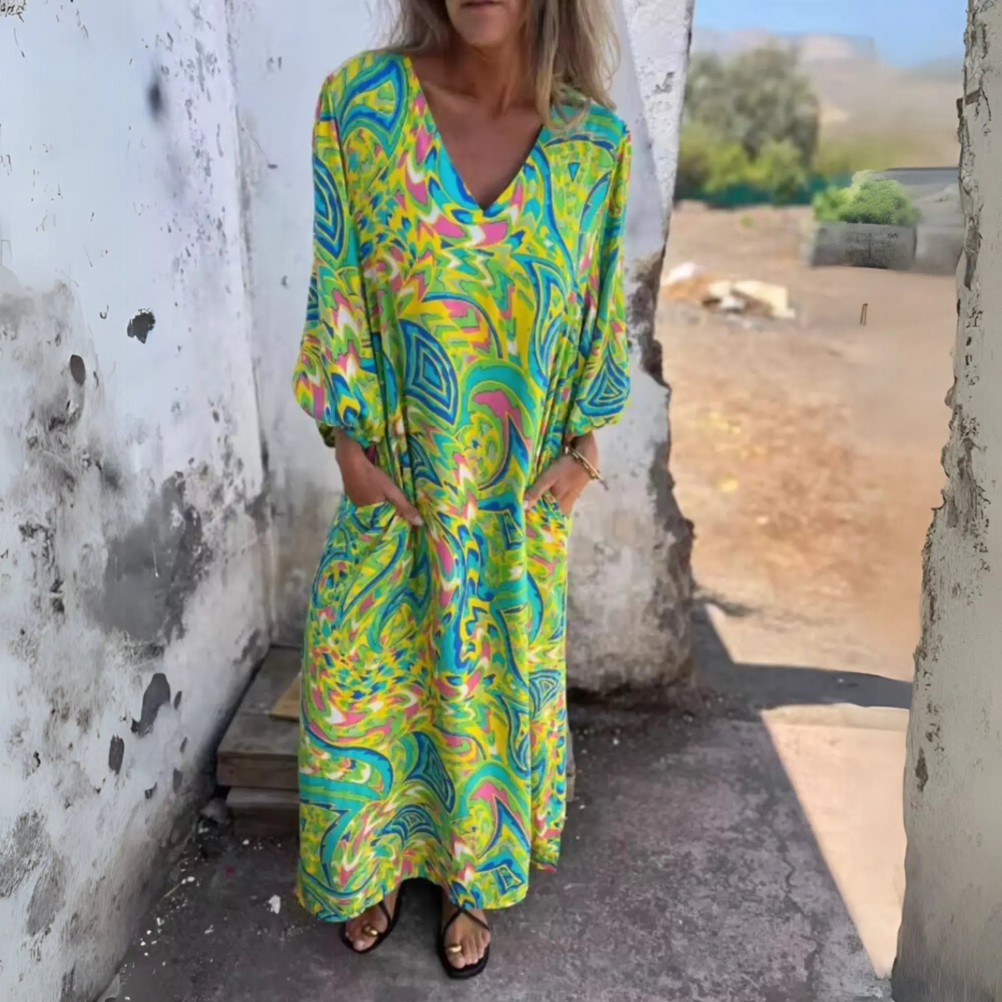 Maxi Dress V-Neck Leopard Print Long Sleeve - Multi Color Green