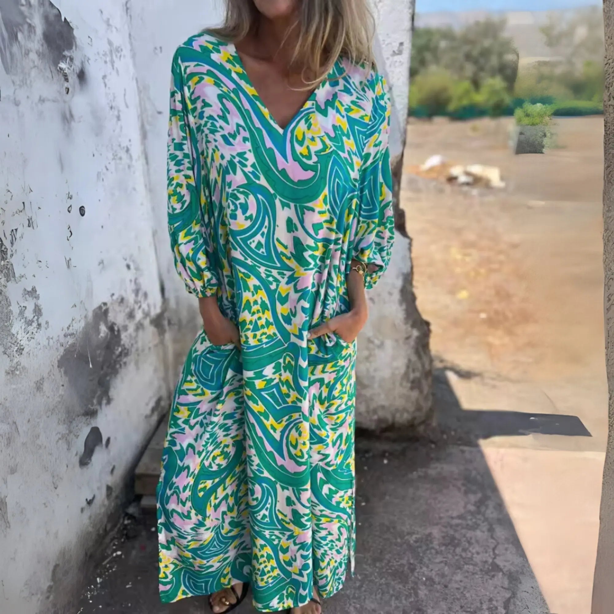 Maxi Dress V-Neck Leopard Print Long Sleeve - Multi Color Blue