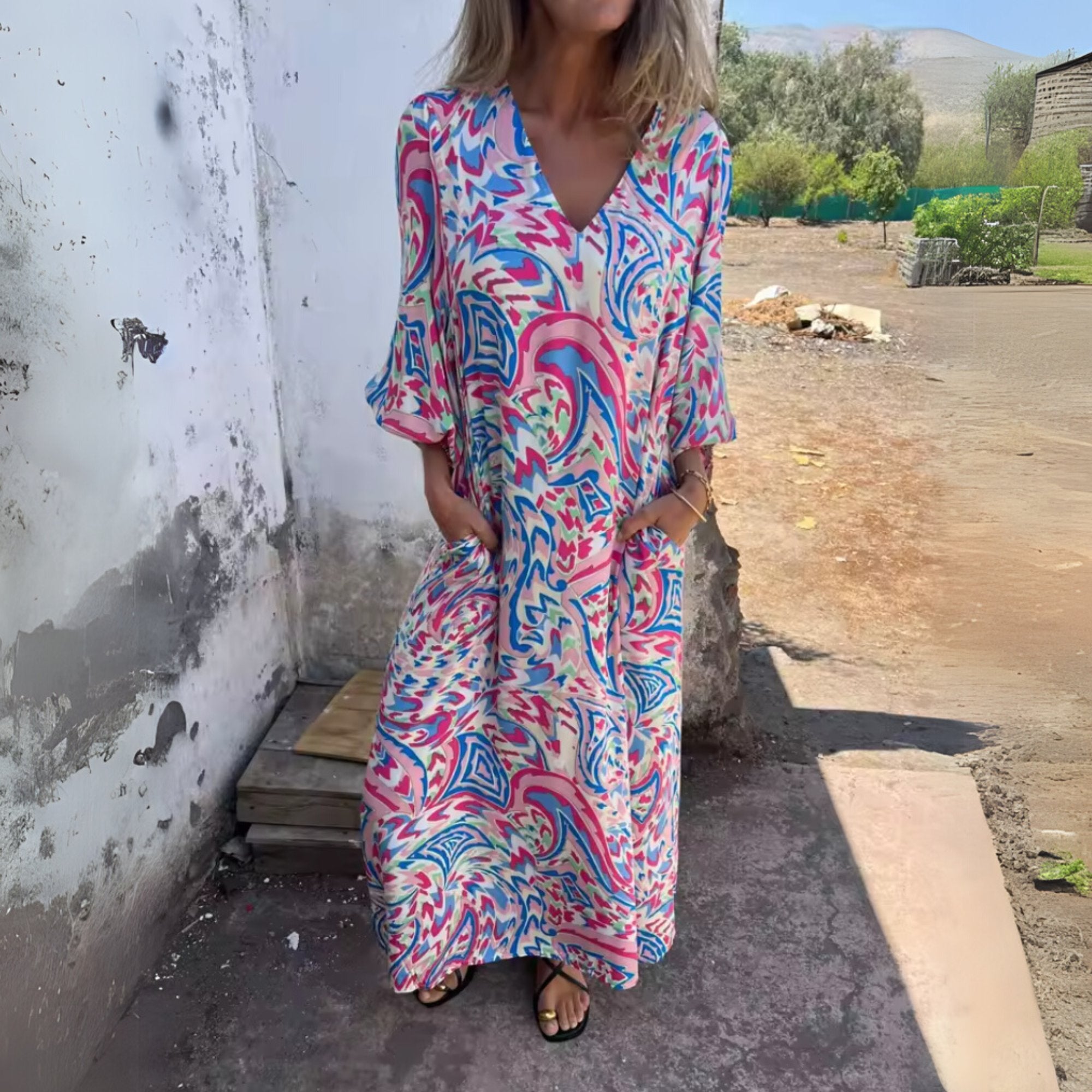 Maxi Dress V-Neck Leopard Print Long Sleeve - Multi Color Purple