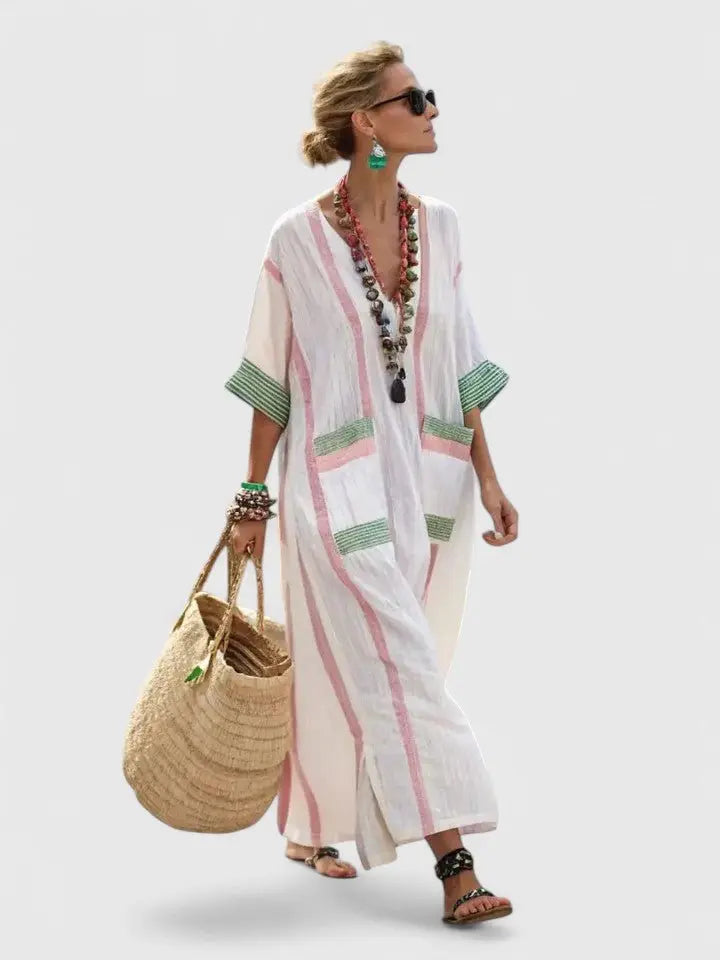 Maxi Kaftan Dress V-Neck Stripe Print Relaxed Fit - Beige Green