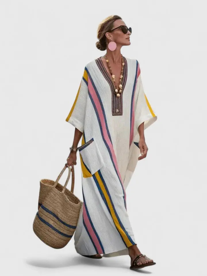 Maxi Kaftan Dress V-Neck Stripe Print Relaxed Fit - White Pink