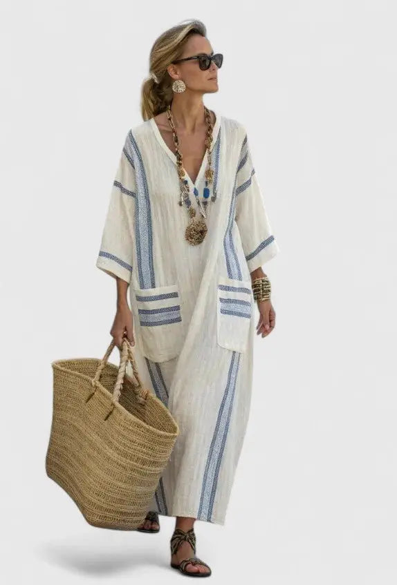 Maxi Kaftan Dress V-Neck Stripe Print Relaxed Fit - Beige Light Blue