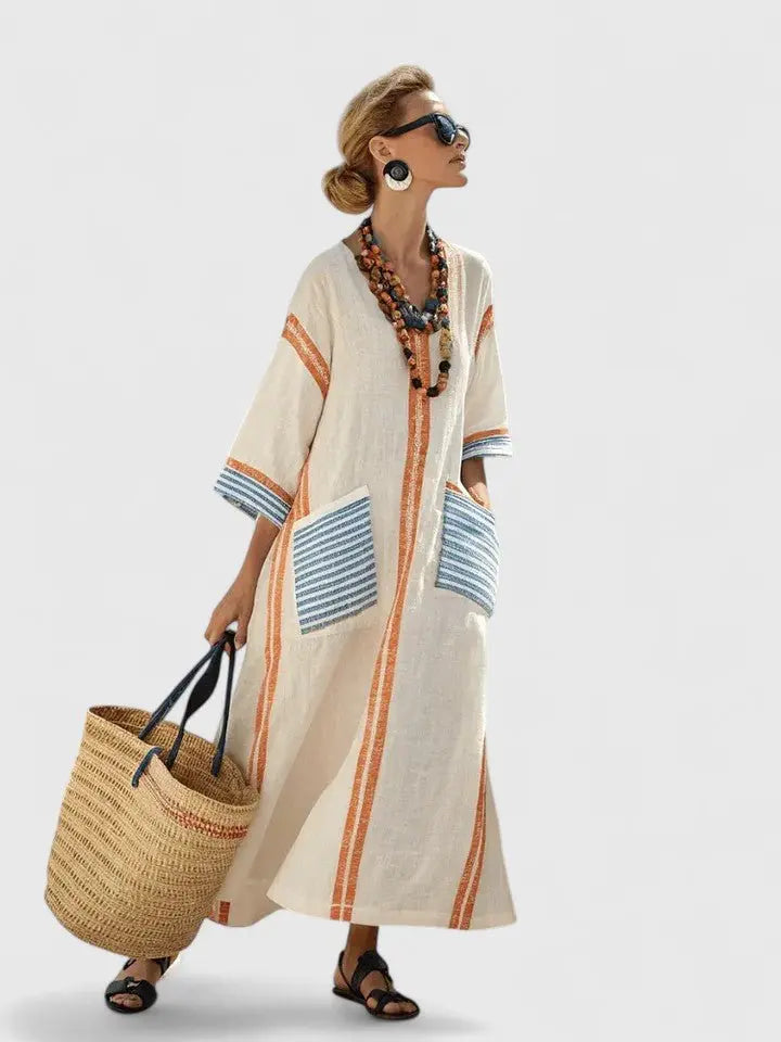 Maxi Kaftan Dress V-Neck Stripe Print Relaxed Fit