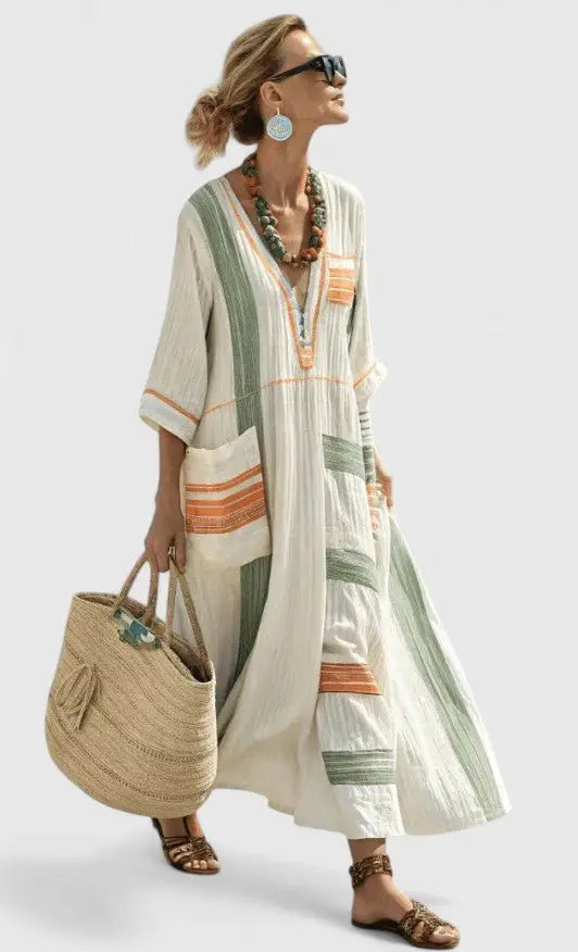 Maxi Kaftan Dress V-Neck Stripe Print Relaxed Fit