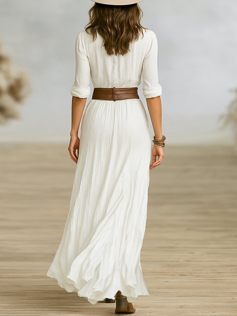 Maxi Shirt Dress Pleated Button Down Collar