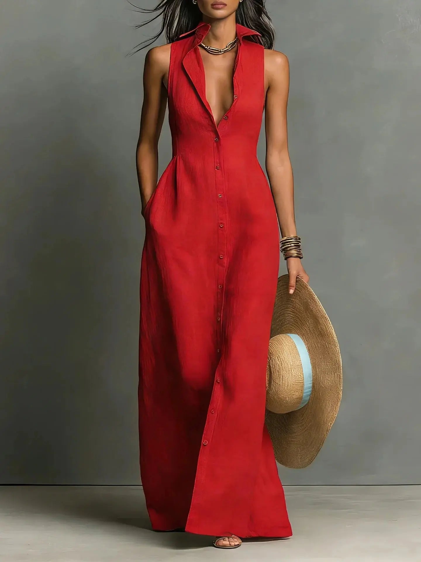 Maxi Shirt Dress Sleeveless Lapel Collar Button Front - Red