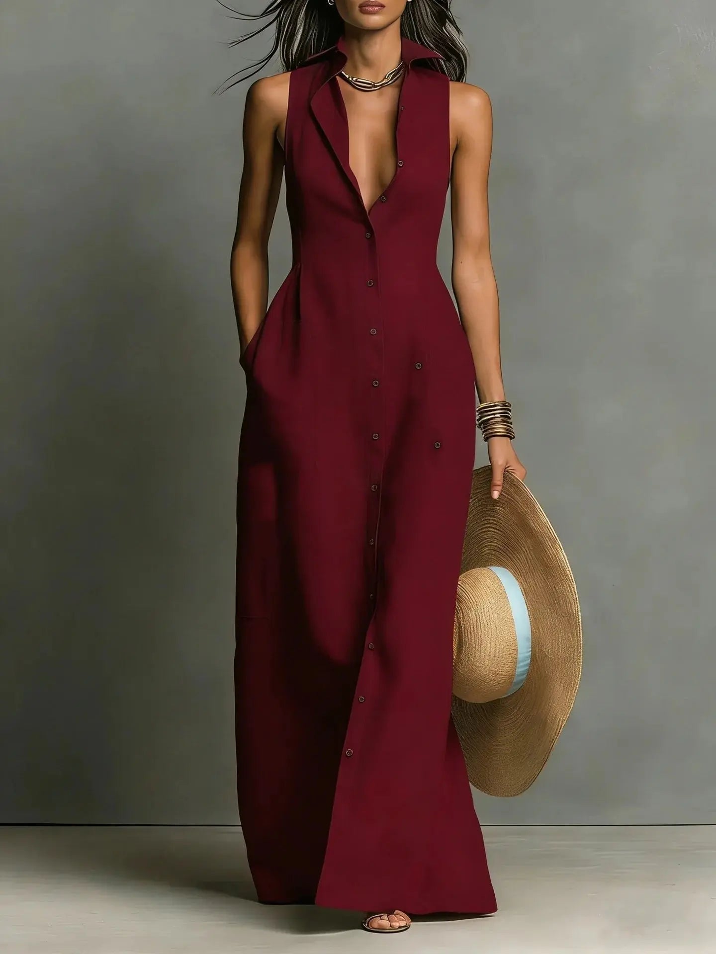 Maxi Shirt Dress Sleeveless Lapel Collar Button Front - Burgundy