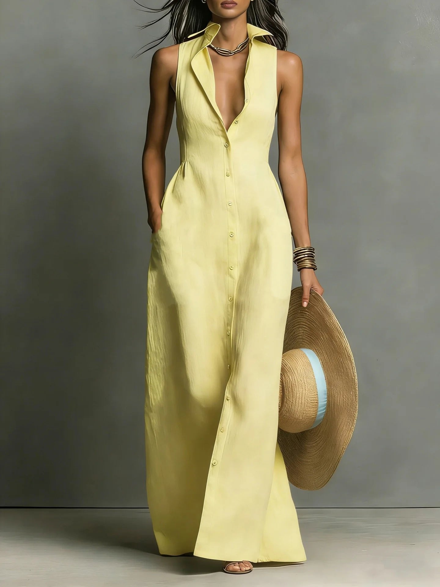 Maxi Shirt Dress Sleeveless Lapel Collar Button Front - Yellow