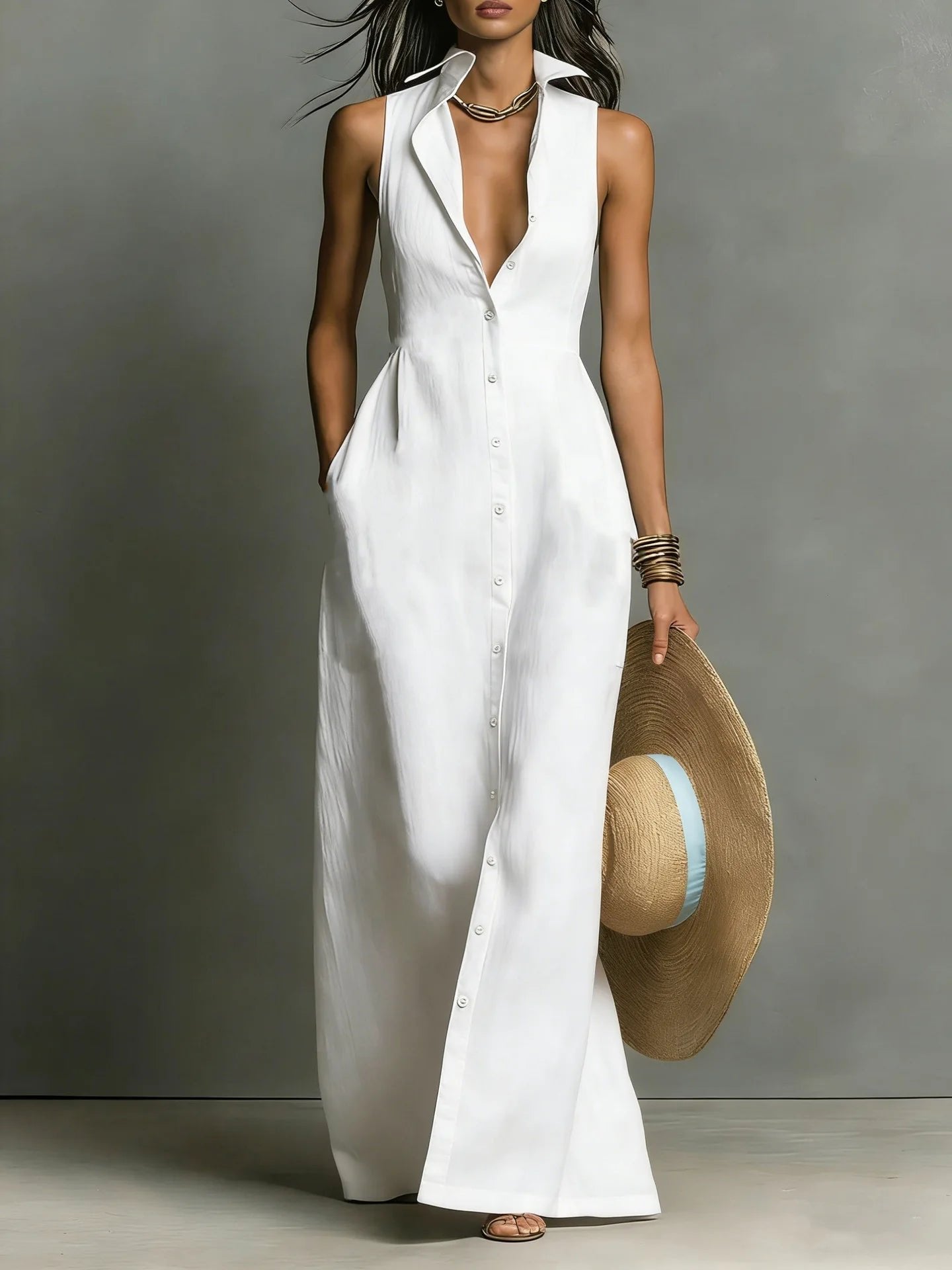Maxi Shirt Dress Sleeveless Lapel Collar Button Front - White