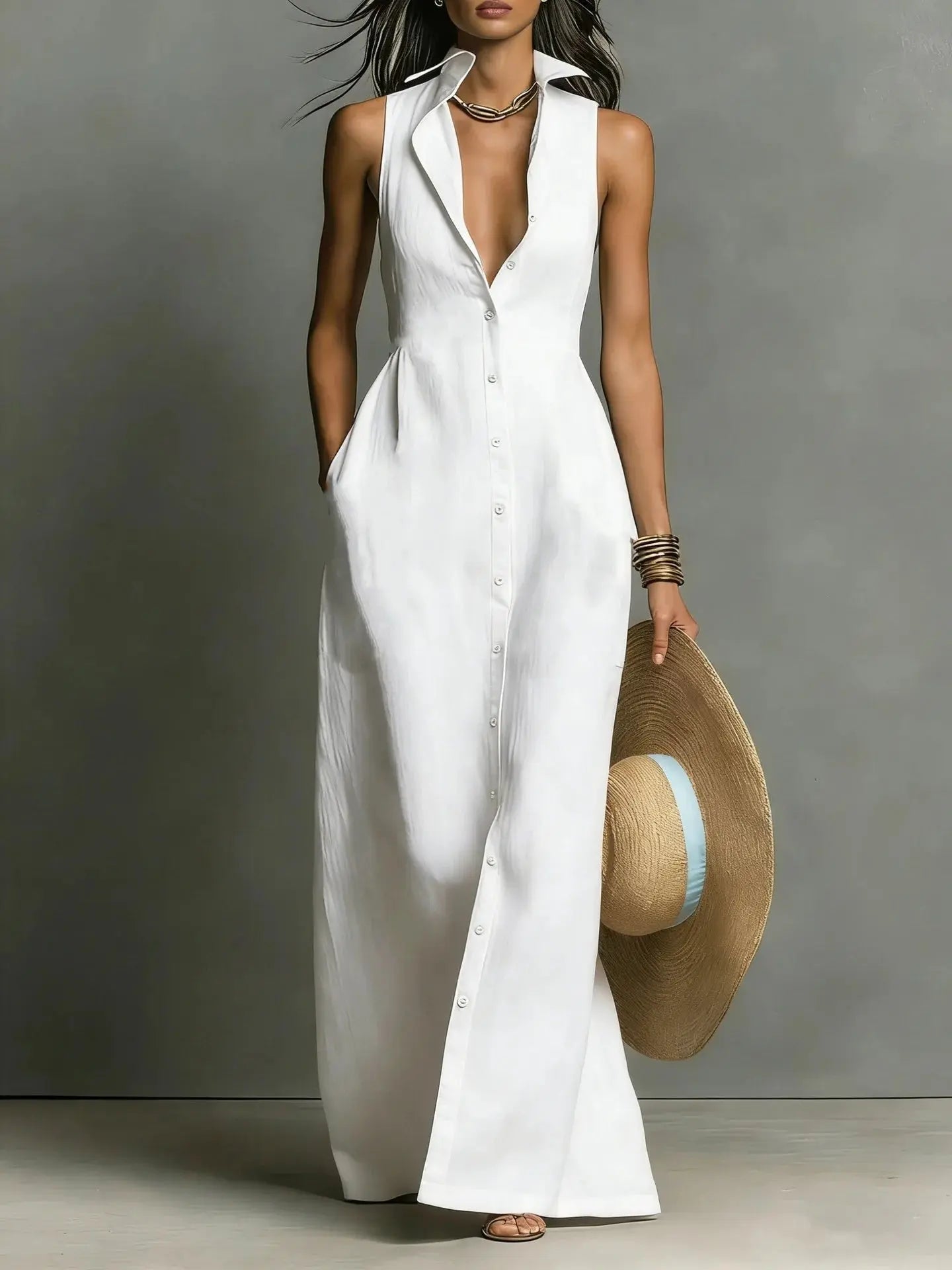 Maxi Shirt Dress Sleeveless Lapel Collar Button Front - White