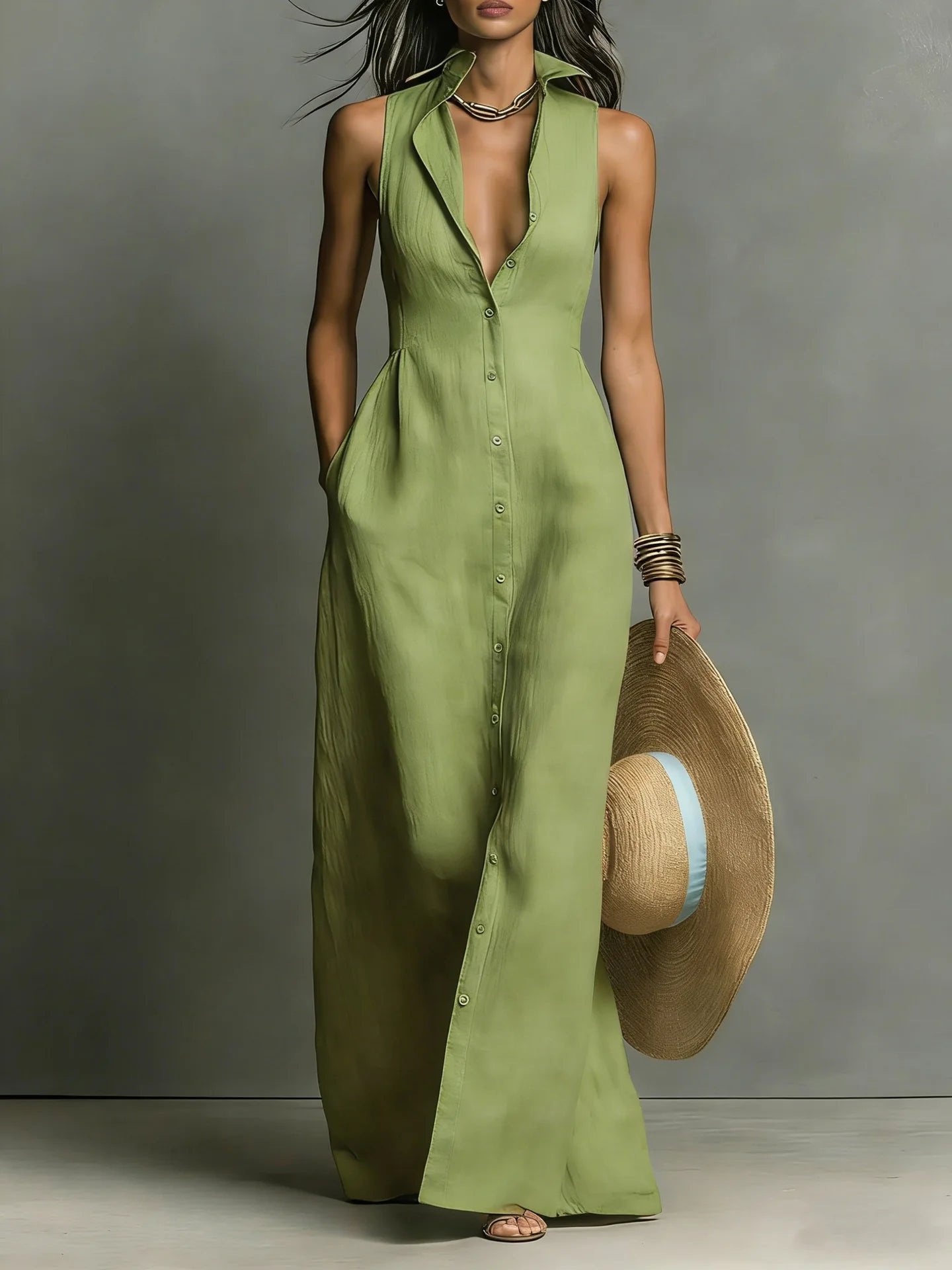 Maxi Shirt Dress Sleeveless Lapel Collar Button Front - army green