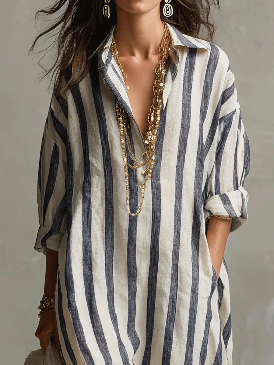 Maxi Shirt Dress V-Neck Striped Linen