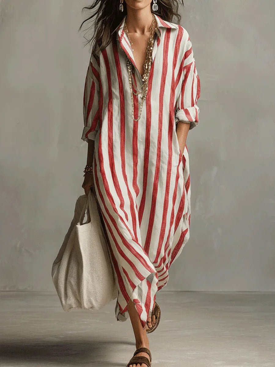 Maxi Shirt Dress V-Neck Striped Linen - Red