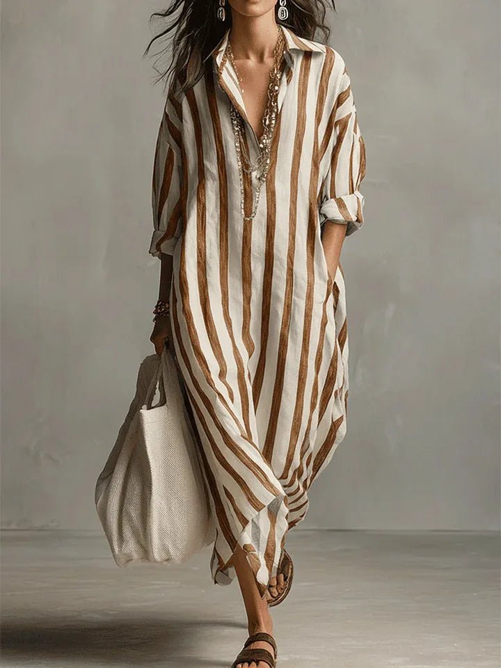 Maxi Shirt Dress V-Neck Striped Linen - Earthy Yellow