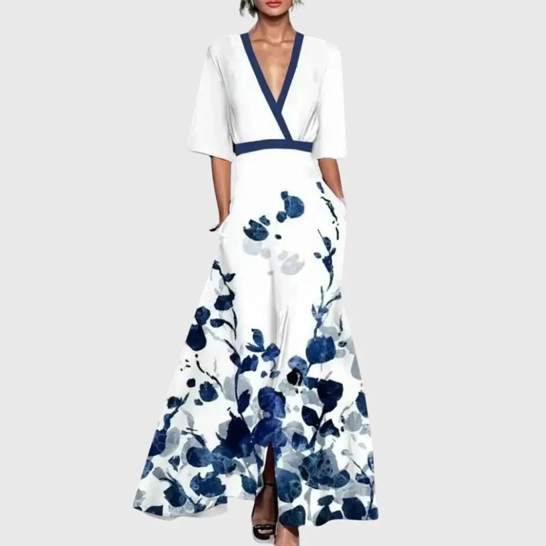 Maxi Wrap Dress Deep V-Neck Floral Print Half Sleeve - White