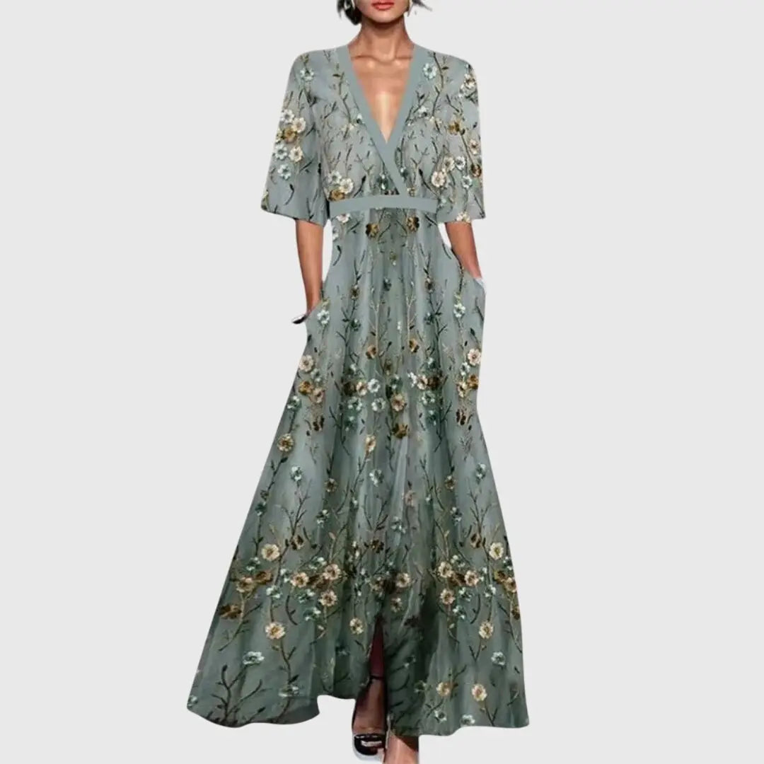 Maxi Wrap Dress Deep V-Neck Floral Print Half Sleeve - Green