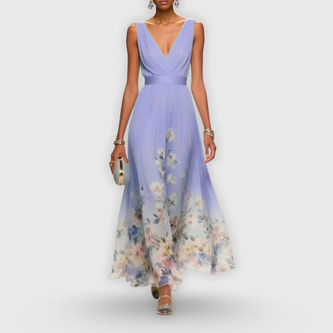 Maxi Wrap Dress Deep V-Neck Floral Print Sleeveless - Purple