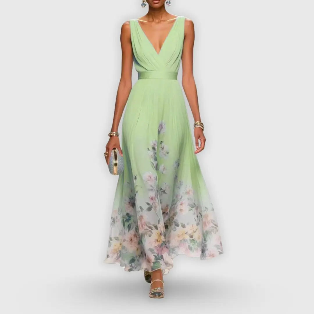 Maxi Wrap Dress Deep V-Neck Floral Print Sleeveless - Mint Green