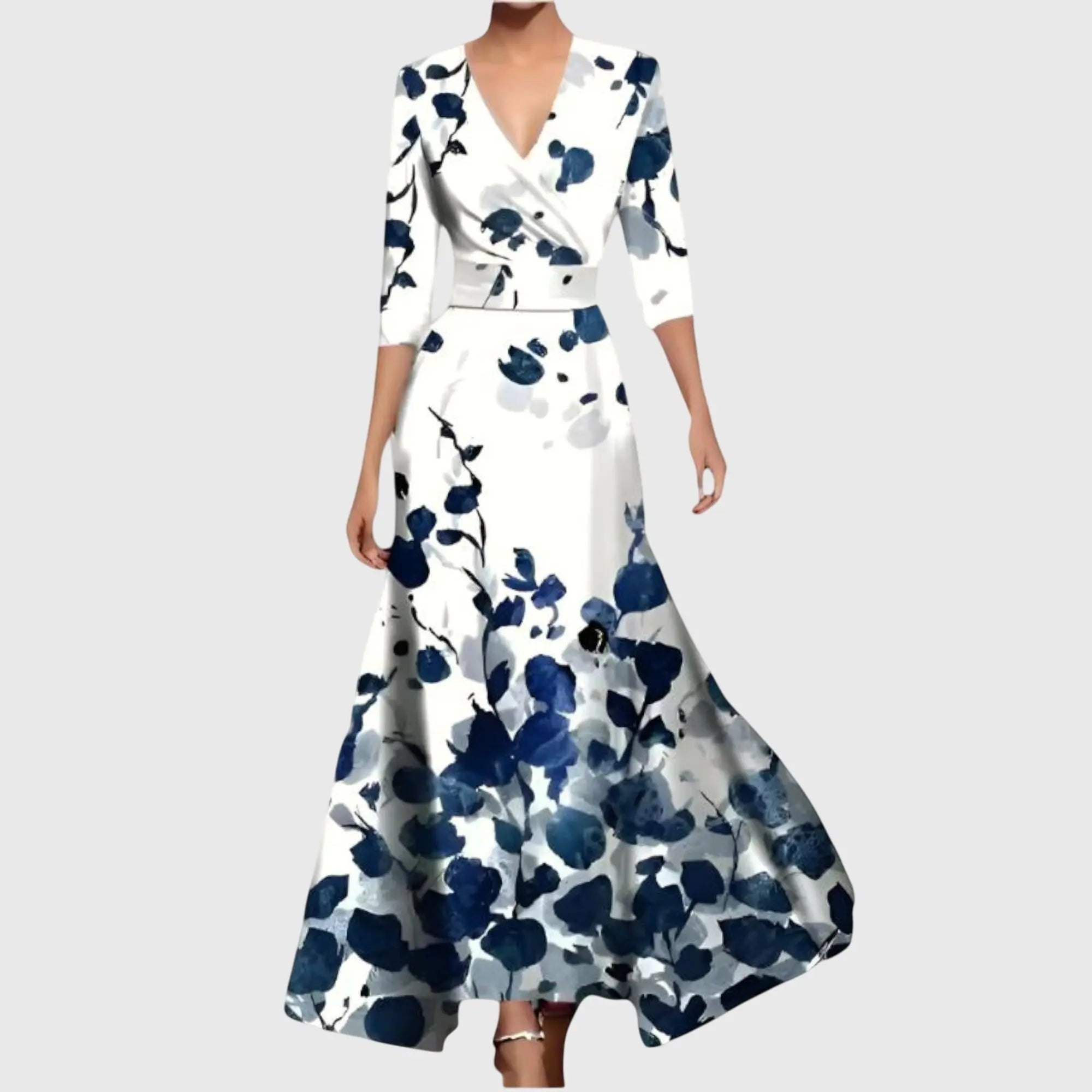 Maxi Wrap Dress Deep V-Neck Floral Print Three Quarter Sleeve - Blue