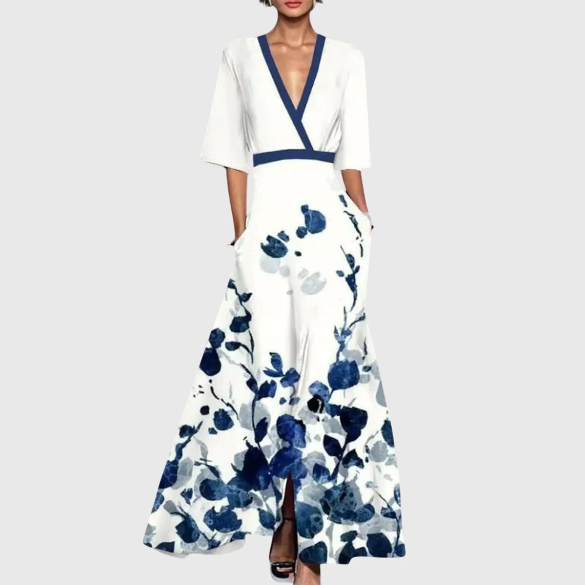 Maxi Wrap Dress Deep V-Neck Floral Print Three Quarter Sleeve - White