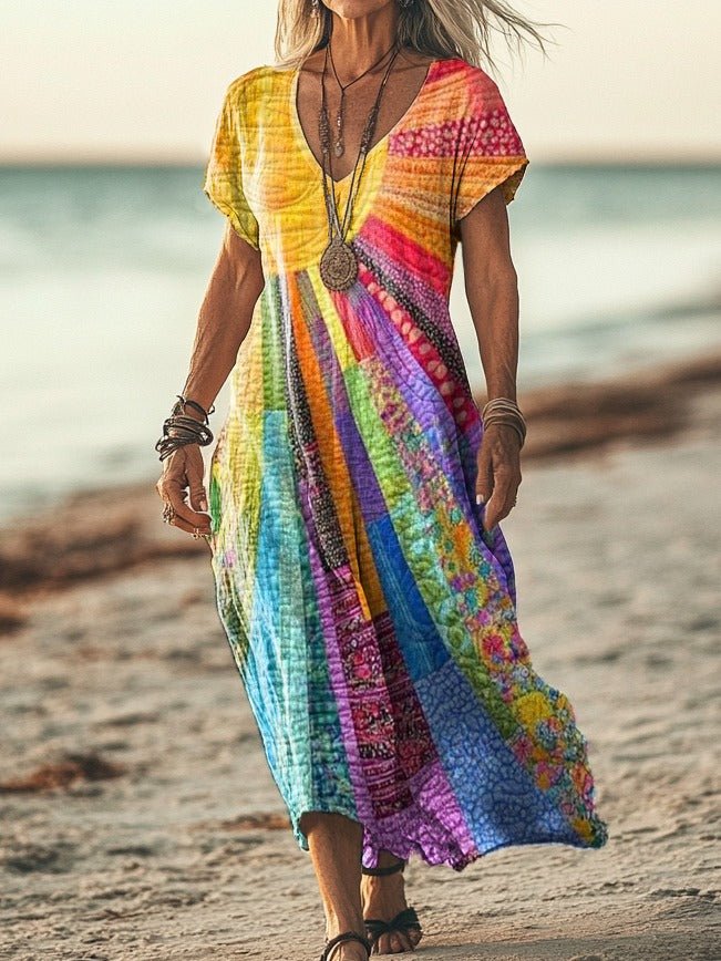 Maxi Wrap Dress V-Neck Bohemian Rainbow Stripe