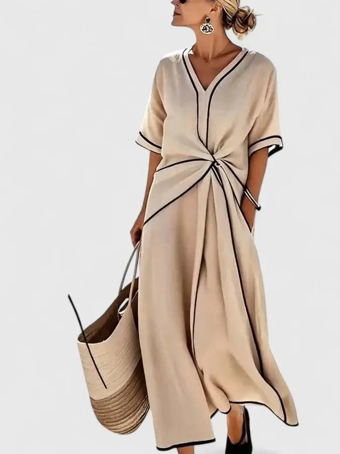Maxi Wrap Dress V-Neck Tie Waist Summer Casual - Beige
