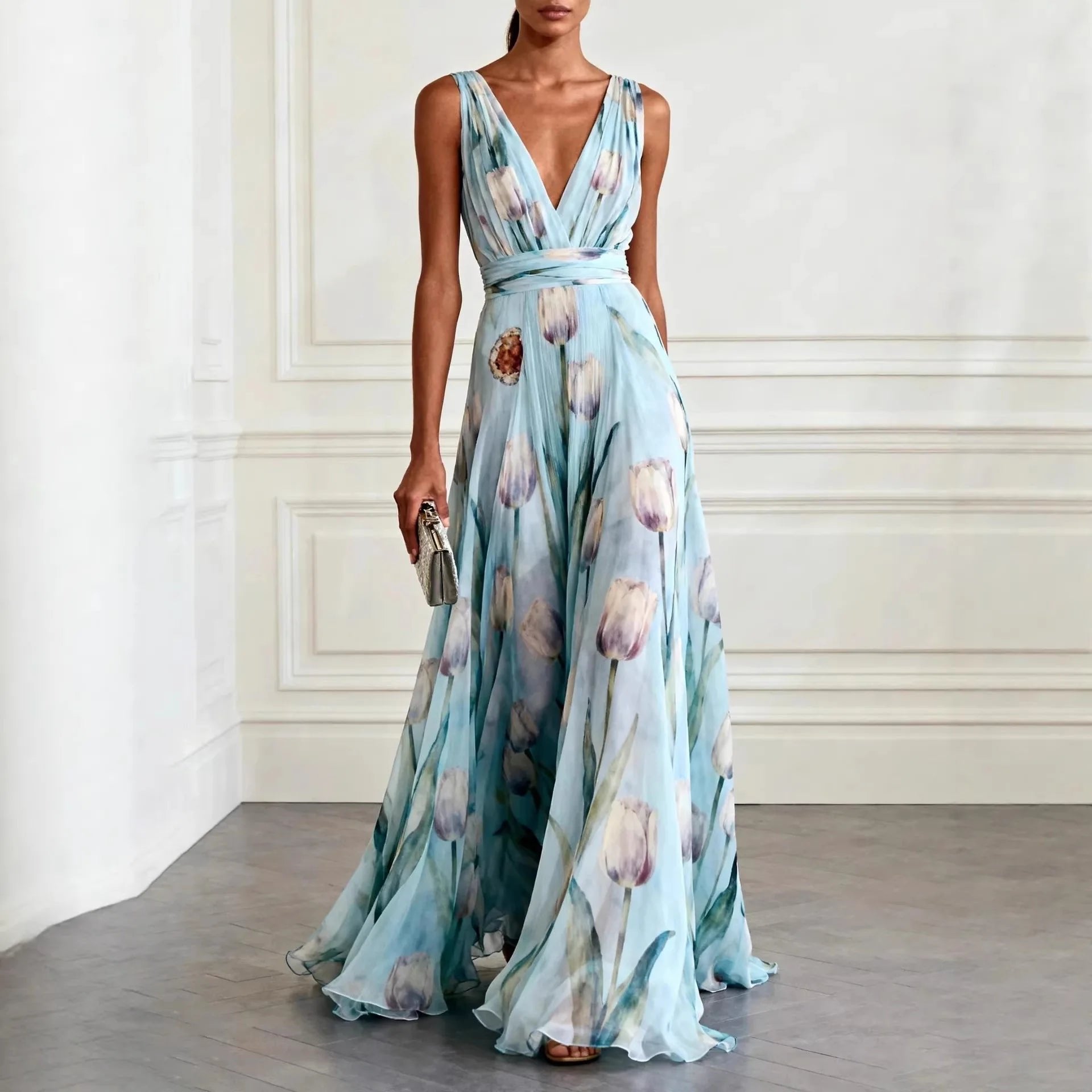 Maxi Wrap Dress V-Neck Tulip Print Chiffon - Sky Blue