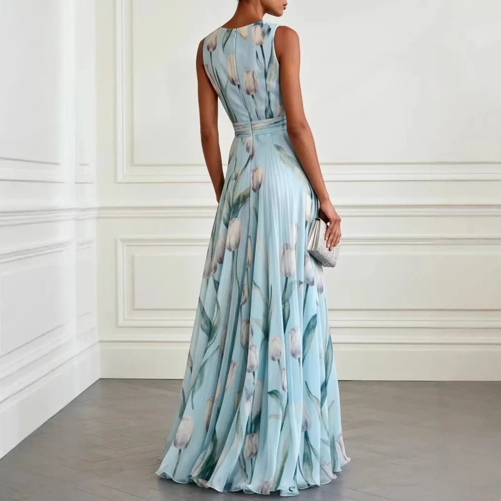 Maxi Wrap Dress V-Neck Tulip Print Chiffon