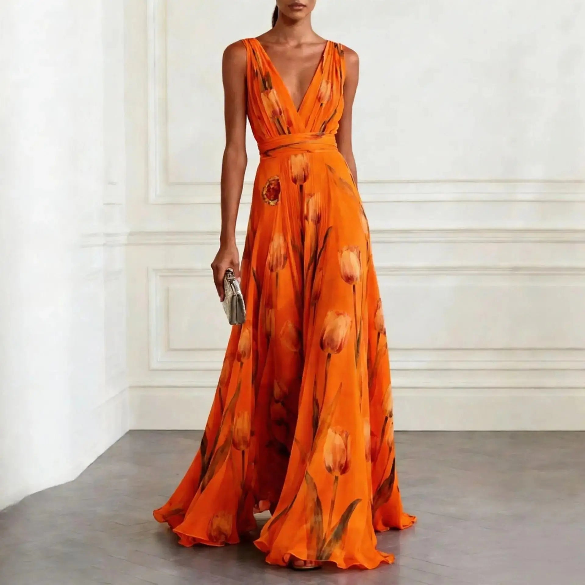 Maxi Wrap Dress V-Neck Tulip Print Chiffon - Orange