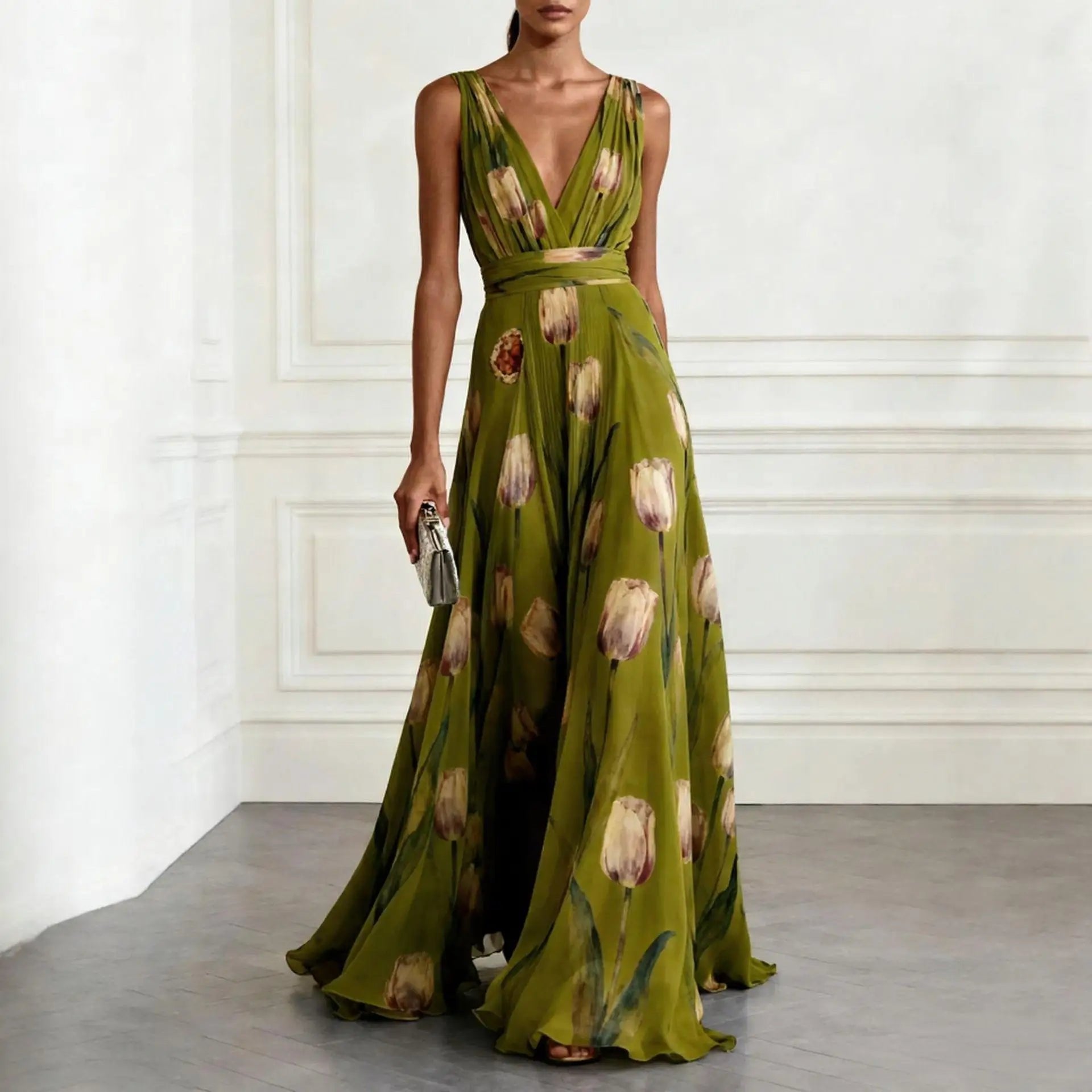 Maxi Wrap Dress V-Neck Tulip Print Chiffon - Green