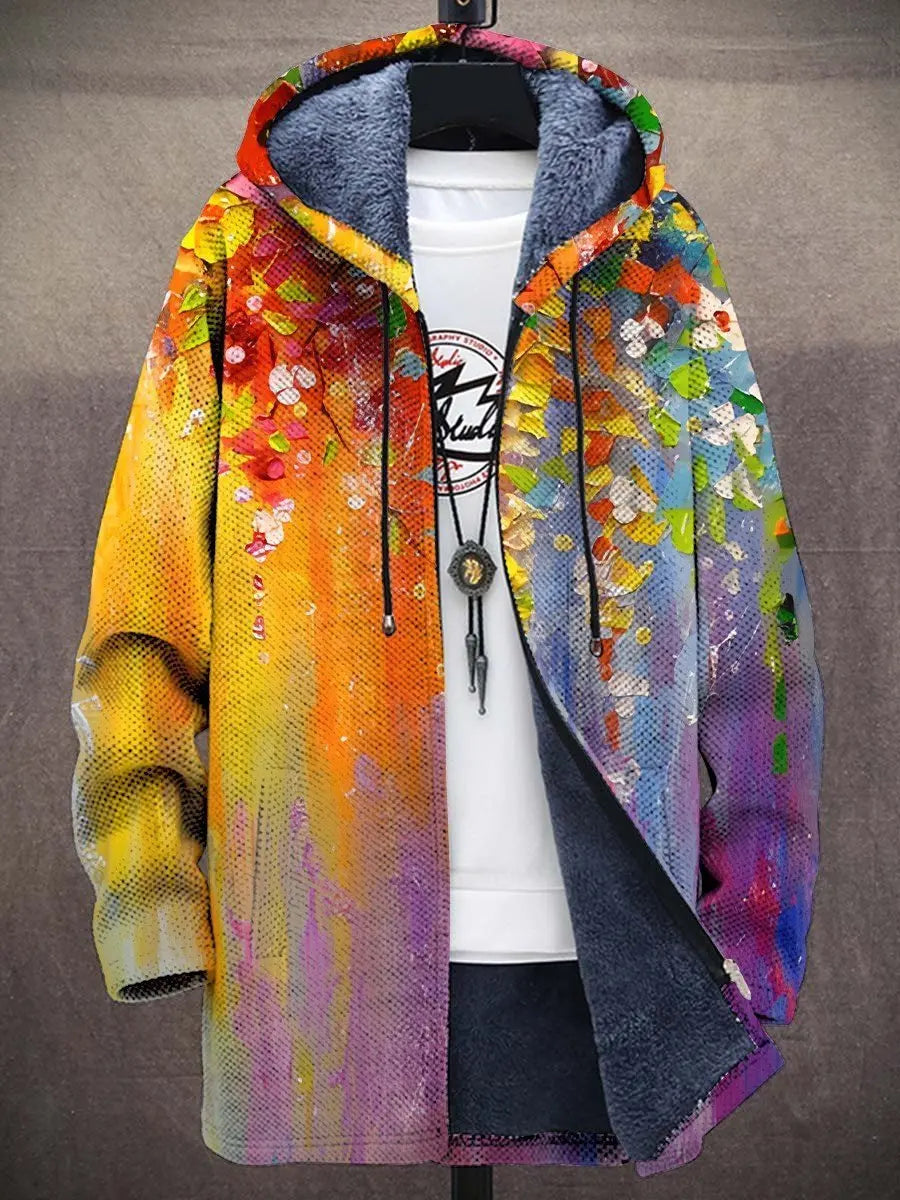 Men's Art Print Fleece-Lined Zip-Up Hoodie Mens Cardigan