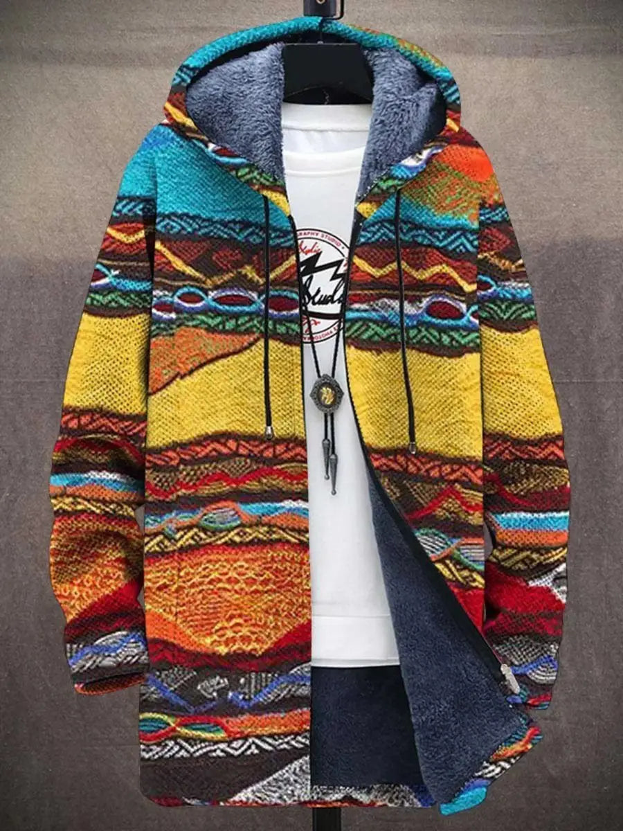Men's Art Print Fleece-Lined Zip-Up Hoodie Mens Cardigan - Retro