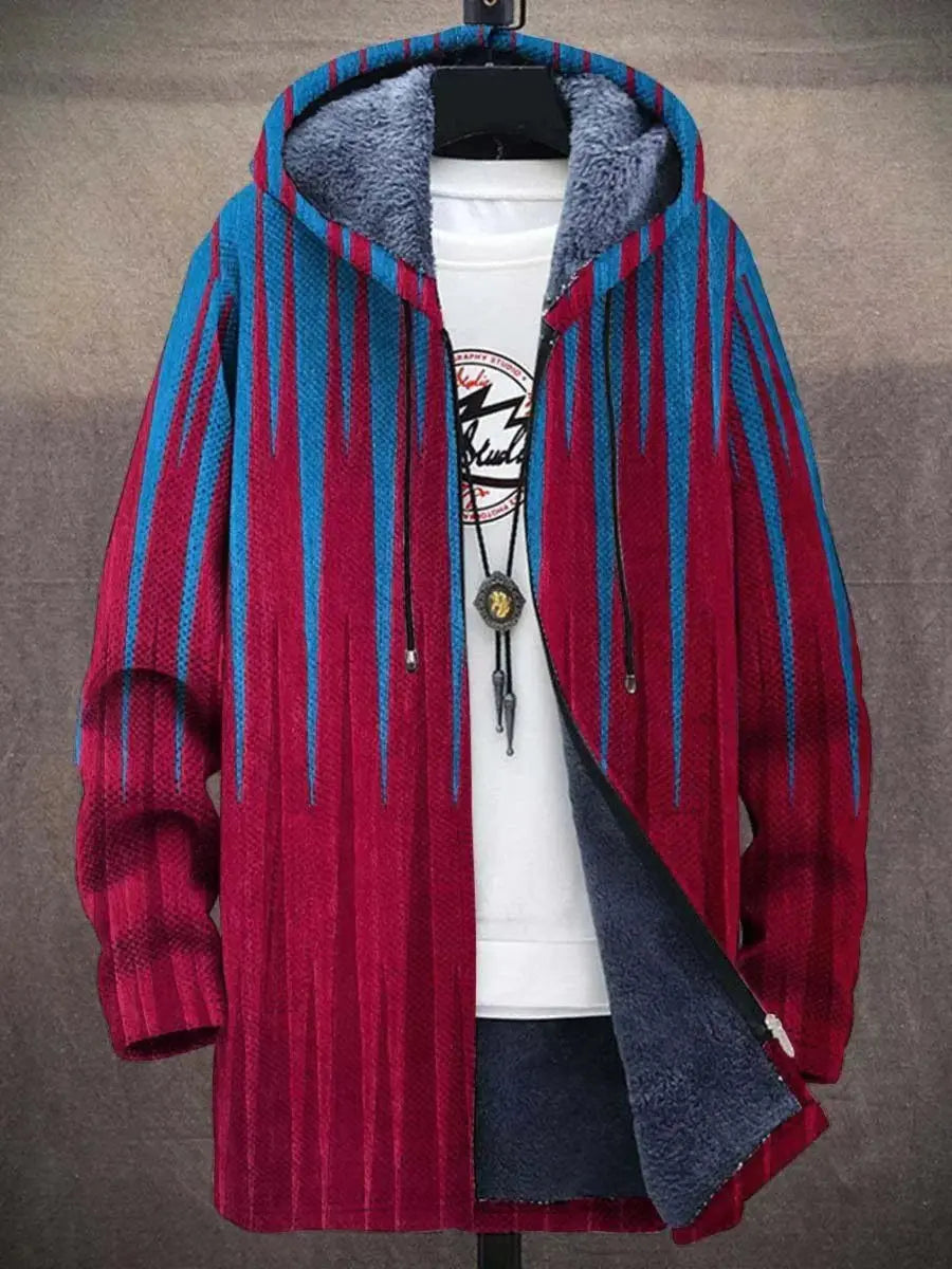 Men's Art Print Fleece-Lined Zip-Up Hoodie Mens Cardigan - Red