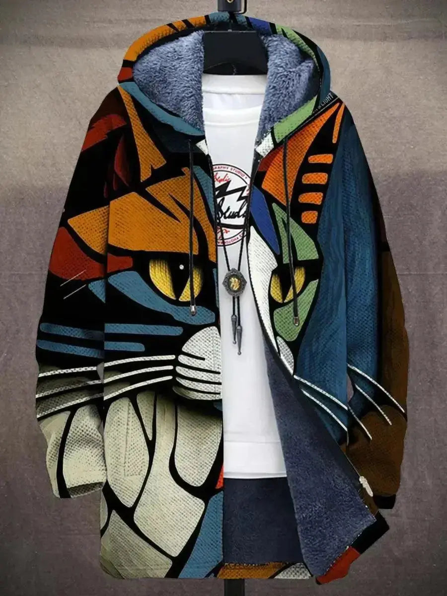 Men's Art Print Fleece-Lined Zip-Up Hoodie Mens Cardigan - Cat