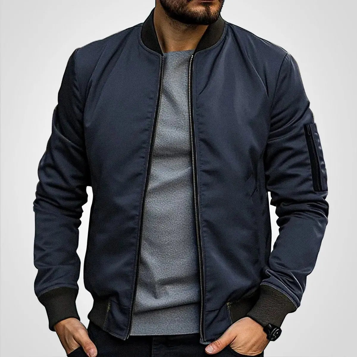 Mens Bomber Jacket Classic Zip-Up Ribbed Collar Flight Jacket - Dark Blue