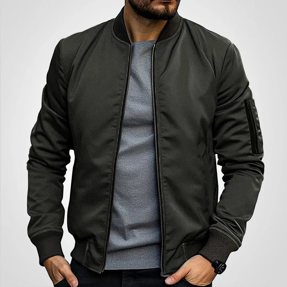 Mens Bomber Jacket Classic Zip-Up Ribbed Collar Flight Jacket - Olive Green