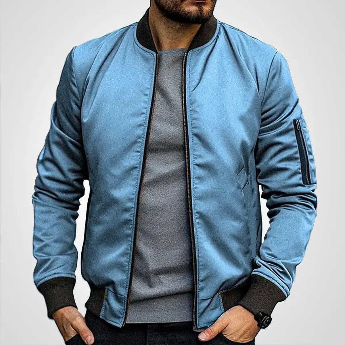 Mens Bomber Jacket Classic Zip-Up Ribbed Collar Flight Jacket - Blue