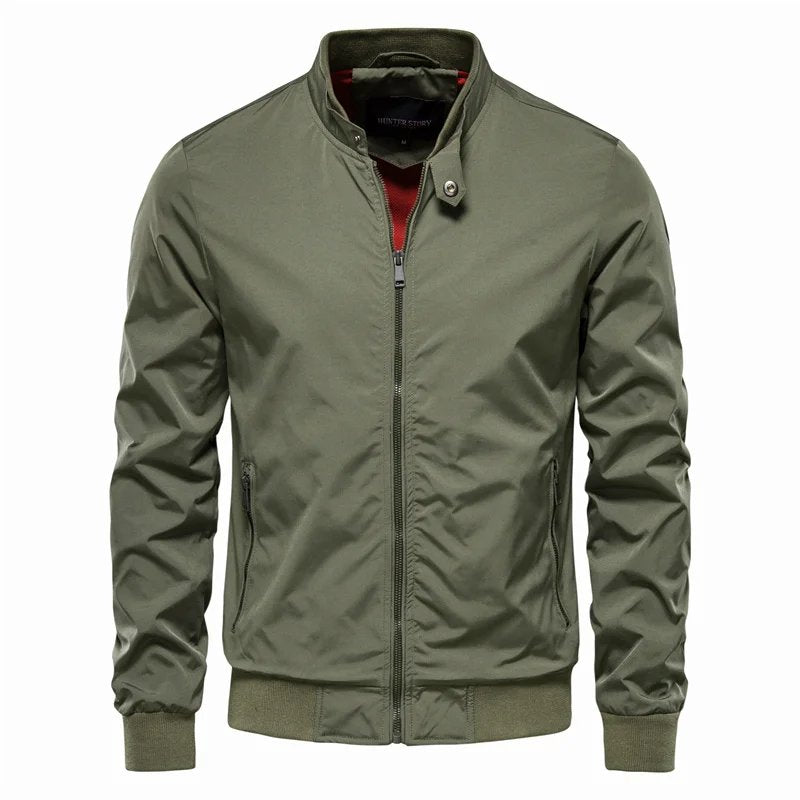 Men's Bomber Jacket Stand Collar Zip Front Ribbed Cuffs - Green