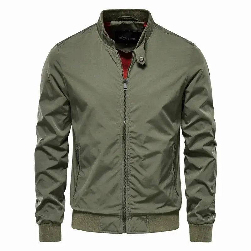 Men's Bomber Jacket Stand Collar Zip Front Ribbed Cuffs - Green